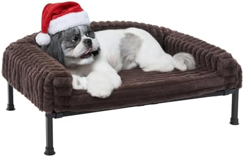 Veehoo Elevated Dog Bed with Bolster Cushion, Fluffy Plush Dog Couch Beds for Small Dogs, Cats, Washable Raised Pet Cot with Non-Slip Feet for Indoor or Patios Use, 30 x 20 Inches, Brown