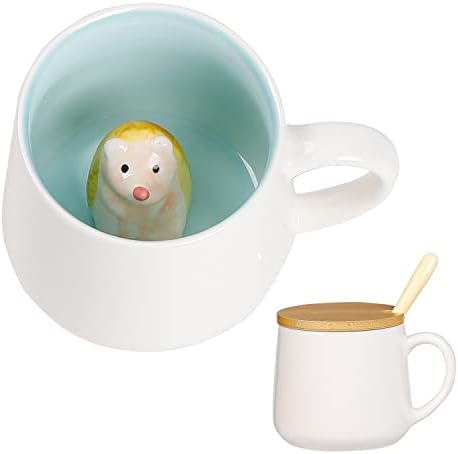 BigNoseDeer Hedgehog Mug Cute Mugs with 3D Hedgehog Inside Ceramic Coffee Mug with Spoon and Lid Mugs for milk,coffee and tea lovers Birthday Cute Gifts for Women 13.5oz