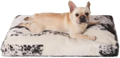 Bedfolks Waterproof Crate Bed, Plush With Removable Washable Cover, Faux Fur Pad for Large Dogs, Fluffy Kennel 35"x23", Black-White Cowhide