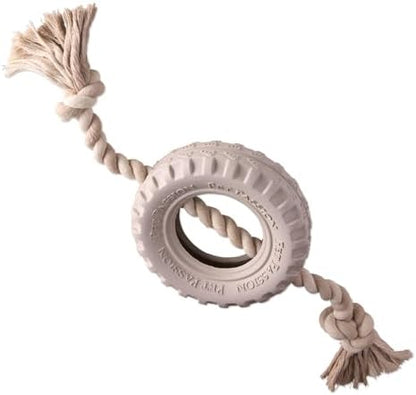 Pet Passion Natural Rubber Tire and Organic Cotton Rope Pull and Chew Dog Toy for All Pet Breeds, Almond Milk, Large