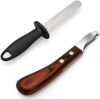 ZENFUN Hoof Knife with Sharpener, Double Edged Hoof Trimming Knife with Wooden Handle & 400/1000 Diamond Grit Rod, 8 Inch Farrier Tool Kit, Stainless Steel Blade Hoof Knife for Horses, Cattle Care