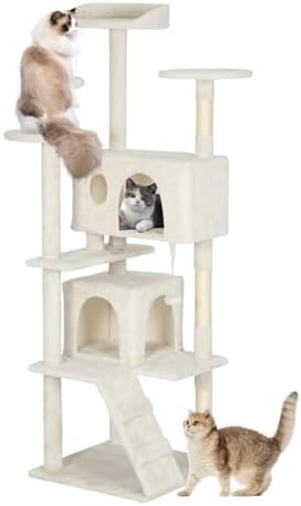 BestOffice 62 Inch Cat Tree, Multi-Level Cat Tower with Condo, Perches, Sisal Scratching Posts, Climbing Ladder,Indoor Activity Center Play House for Kittens & Adult Cats, Beige