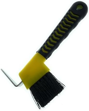 Horse Hoof Pick with Brush - Non-Slip Ergonomic Handle, Heavy-Duty Steel Pick & Stiff Bristles - Removes Dirt, Mud & Rocks - Horse Grooming Tool for Daily Hoof Care (Yellow)