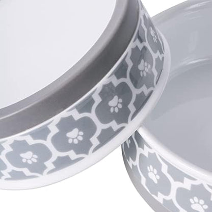 Bone Dry Paw Print Ceramic Pet Bowl, Lattice Collection, Medium Set, 6x2", Gray, 2 Count