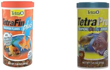 TetraFin Plus Goldfish Flakes 7.06 Ounces, Balanced Diet, with Algae to Promote Health & Pro Fish Food, Tropical Color Crisps with Color Enhancers, Floating Fish Food, 7.41 Ounce