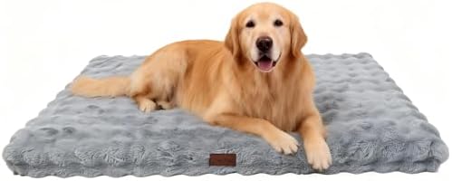 Orthopedic Dog Beds for XL Dogs, Fluffy Faux Rabbit Fur Pet Bed with Removable Washable Cover, Dog Bed Mat with Egg Crate Foam & Waterproof Lining, Anti Slip Bottom, Blue-Grey,44"x32"x4"