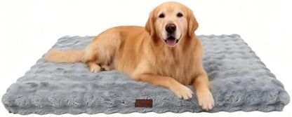 Orthopedic Dog Beds for XL Dogs, Fluffy Faux Rabbit Fur Pet Bed with Removable Washable Cover, Dog Bed Mat with Egg Crate Foam & Waterproof Lining, Anti Slip Bottom, Blue-Grey,44"x32"x4"
