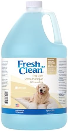 PetAg Fresh ’n Clean Crisp Linen Scented Shampoo (15:1 Concentrate) - 1 Gallon - Soothes Dry, Irritated Skin with Vitamin E & Aloe Vera - Strengthens & Repairs Coats - Gluten Free