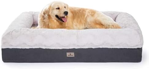 Memory Foam Dog Bed, Extra Large Orthopedic Dog Sofa with Sides and Waterproof Liner, Washable Bolster Pet Bed Couch with Removable Cover, Jumbo | 50 inch, Off-White
