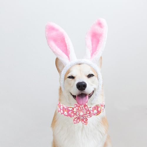 Easter Dog Collar-Pink Rabbit Print Adjustable Cute Pet Collar Soft Pink Flower Dog Collars with Flower Holiday Cotton Metal Buckle Puppy Collar Gift for X-Large Dogs