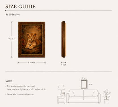 Framed Vintage Style Wall Art Cute Lion Cub In A Rustic Forest Setting Canvas Print Poster Farmhouse Style Artwork Suitable For Bedroom Or Living Room 8x10 Inches Ready To Hang Or Display On A Tabletop