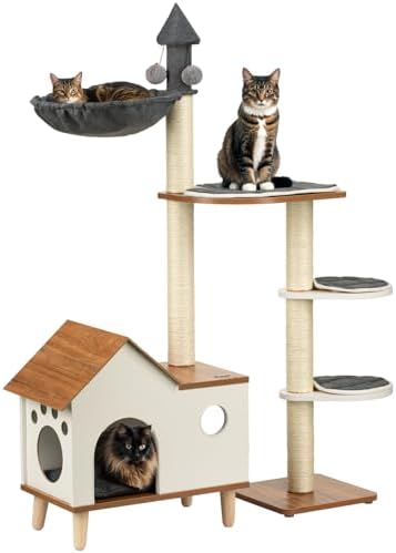 Happy & Polly Modern Cat Tree for Indoor Cats - 45" Wooden Cat Tower with Sisal Scratching Posts, Cat House, Removable Pads Multi-Level Cat Tower Activity Center for Small Large Cats