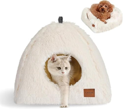 CATISM Cat Bed Cat Beds for Indoor Cats 2 in 1 Foldable Cat House White L