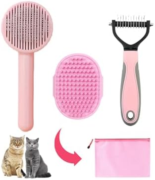 Cat Brush for Shedding 5pcs - Long Haired Cats Brush, Indoor Cats Brush, Small Dogs Brush, Matted Fur Hair Brush with Flea Comb Set, Pink
