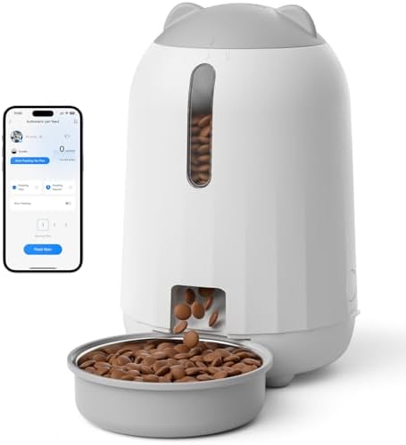 PAPIFEED Automatic Cat Feeder with App, WiFi Auto Cat Feeder, 3L Slow-Feed Cat Food Dispenser for Dry Food, Dual Power Supply Timed Pet Feeder for Cat, 10 Meals/Day, 6 Portions/Meal, Grey