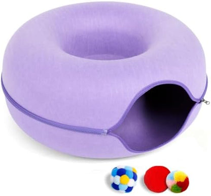 Cat Tunnel Bed for Indoor Cats with 3 Toys, Scratch Resistant Detachable and Washable Large Donut Cat Bed, Available in All Seasons (Purple, L(24x24x11))