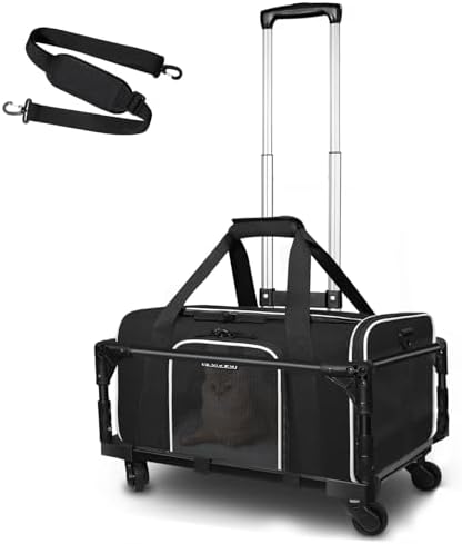 Petskd Small Pet Carrier 17"x11"x9.5" with Wheels Airline Approved, Black