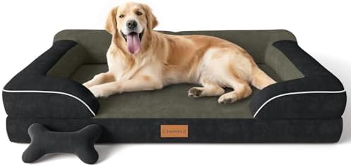 CWAWZ Extra Large Dog Bed, Orthopedic Dog Bed with Cooling Gel Memory Foam, Waterproof XL Pet Bed with Removable Washable Cover, 42" Pet Sofa Couch Dutch Velvet with Bone Toy, Black