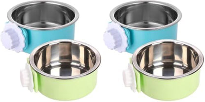 kathson Crate Dog Bowl, Removable Stainless Steel Hanging Pet Kennel Cage Bowl Food & Water Feeder Coop Cup for Puppy, Cat, Rabbit, Guinea Pigs Ferret Bird (2 PCS, Size: M, Blue and Green) (Pack of 2)