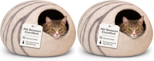 MEOWFIA Cat Cave – Premium Felt Cat Bed for Indoor Cats, Handmade 100% Merino Wool (Light Grey, Medium) (Pack of 2)