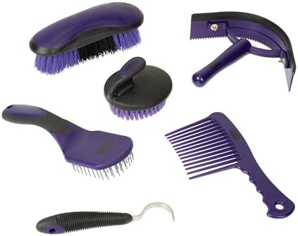Weaver Equine 6-Piece Horse Grooming Kit, Ergonomic Gentle Horse Care Kit, Equestrian Supplies for Bathing Support, Detangling, and More, Purple/Black