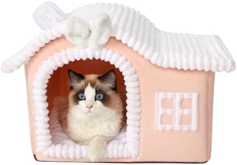 Jiupety Rabbit Cat Houses for Indoor Cats, Chimney Cute Cat Bed Cave, Enough Interior Space, Cartoon Soft Pet House Up to 3-10 lbs Kitten, Pink
