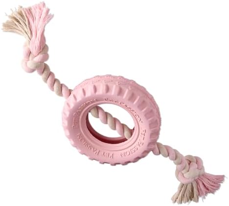 Pet Passion Natural Rubber Tire and Organic Cotton Rope Pull and Chew Dog Toy for All Pet Breeds, Blush, Medium