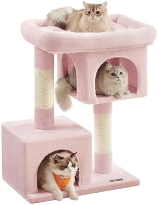 Feandrea Cat Tree, 33.1-Inch Cute Cat Tower, Plush Kitten Condo, Jelly Pink
