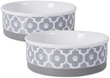 Bone Dry Paw Print Ceramic Pet Bowl, Lattice Collection, Medium Set, 6x2", Gray, 2 Count
