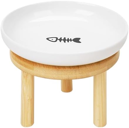 Shallow Elevated Cat Bowls with Bamboo Stand, 5.9 Inch Wide Ceramic Cat Dish Whisker Friendly,Pet Food and Water Plates