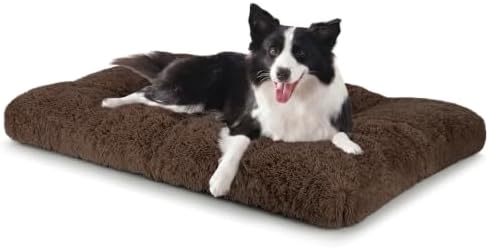 JOEJOY Large Dog Bed Crate Pad, Deluxe Plush Washable Dog Beds Fulffy Soft Kennel Pad Anti-Slip Pet Sleeping Mat for Large Medium Small Dogs, 35" x 23", Brown