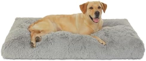 Bedfolks Waterproof Dog Crate Bed, Plush Dog Pad, 47"x29", Solid Light Grey