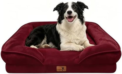 Spotted Play Orthopedic Dog Bed with Sides - Sofa Beds for Large Dogs, Supportive Foam Pet Couch Bed with Washable Removable Cover, Waterproof Lining and Non-Slip Bottom, Burgundy - L