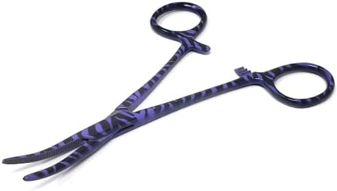 Dog Pet Ear/Nose Hair Puller Grooming Hemostat Locking Forceps Curved Pliers, 5.5" (14cm) Full Serrated Clamps Stainless Steel (Purple Candy Swirls)