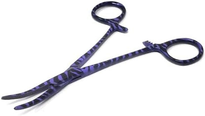 Dog Pet Ear/Nose Hair Puller Grooming Hemostat Locking Forceps Curved Pliers, 5.5" (14cm) Full Serrated Clamps Stainless Steel (Purple Candy Swirls)