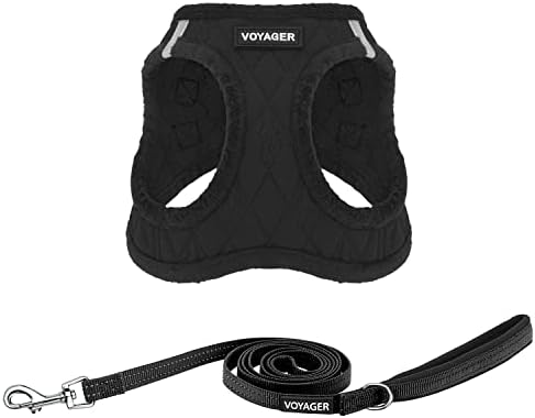 Best Pet Supplies Voyager Step-in Plush Dog Harness - Soft, Step in Vest Harness and Reflective Dog 5 ft Leash Combo with Neoprene Handle for Small and Medium Dogs, Black Plush, XS