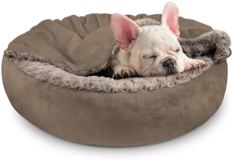 JOEJOY Small Dog Bed Cat Bed with Hooded Blanket, Cozy Cuddler Luxury Puppy Pet Bed, Donut Round Calming Anti-Anxiety Dog Burrow Cave Bed - Anti-Slip Bottom and Machine Washable 26 inch