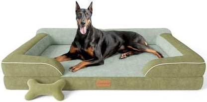 CWAWZ XXL Dog Bed for Extra Large Dogs, Giant Orthopedic Dog Bed with Cooling Gel Memory Foam, Waterproof Pet Bed with Removable Washable Cover, 53" Pet Sofa bed Dutch Velvet with Bone Toy, Dark Green