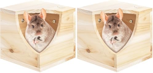 Yesland Wood Chinchilla House, Natural Square Small Animal Hideout Hut for Chinchilla, Squirrel, Sugar Gliders in Cage - 6.5 X 6.5 X 6.5 Inches (Pack of 2)