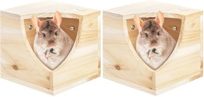 Yesland Wood Chinchilla House, Natural Square Small Animal Hideout Hut for Chinchilla, Squirrel, Sugar Gliders in Cage - 6.5 X 6.5 X 6.5 Inches (Pack of 2)