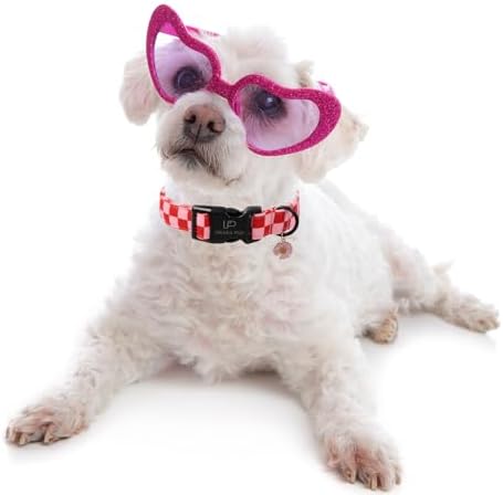 Red and Pink Plaid Dog Collarwith Bow Tie– Adjustable Red & Pink Checkered Dog Collar for Small Medium Large Dogs, Soft Xmas Plaid Puppy Collars with Quick Release Buckle XS