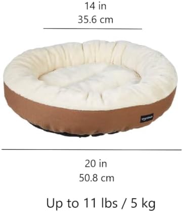 Amazon Basics Round Bolster Pet Bed for Dog or Cat with Flannel Top, 20.0" L x 20.0" W x 6.0" Th, Up to 11lbs, Brown and Ivory