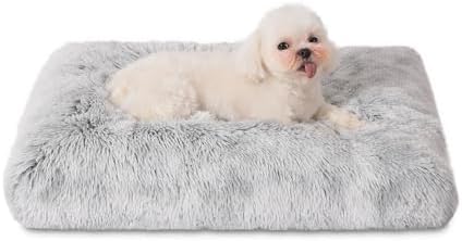 Bedfolks Waterproof Crate Bed, Plush Dog & Cat Bed with Removable Washable Cover, Faux Fur Kennel Pad, 17"x12", Grey