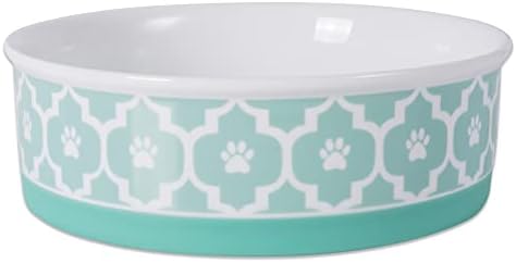 Bone Dry Paw Print Ceramic Pet Bowl, Lattice Collection, Large Set, 7.5x2.4", Aqua, 2 Count