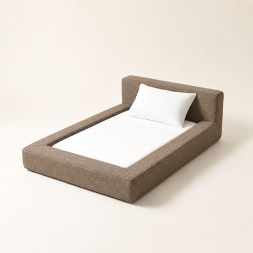 Mini Cloud Bed - Removable and Washable Covers - Toddler Baby Pet Dog Cat Nursery - Upholstered Minimalist Modern Luxury (Waterproof Taupe Linen, Large)