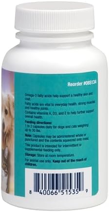 Covetrus Omega-3 Soft Gels for Cats & Small Dogs – Essential Fatty Acids with Vitamins A, E & D3 – Skin, Coat & Joint Supplement – 60 Count