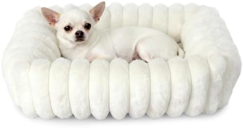 Dog Beds for Very Small Dogs & Cats - Washable Rectangle Comfy Sleeping Puppy Bed Cuddler with Anti-Slip Bottom, Soft Calming Plush Pet Sofa Bed for Indoor Kittens & Puppies, XS (18"x14"x4", Cream)