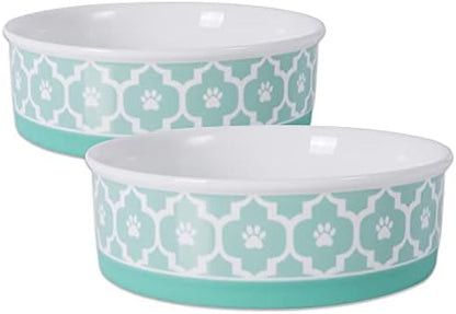 Bone Dry Paw Print Ceramic Pet Bowl, Lattice Collection, Large Set, 7.5x2.4", Aqua, 2 Count