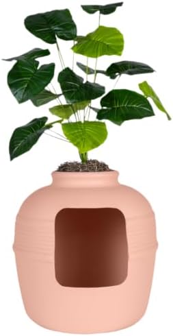 Good Pet Stuff Original Hidden Litter Box Planter, Decorative Cat Litter Enclosure, Carbon Filter, Faux Plant, Round Design, Easy to Clean, Base Kit, Broad Leaf Philodendron, Blush Coral