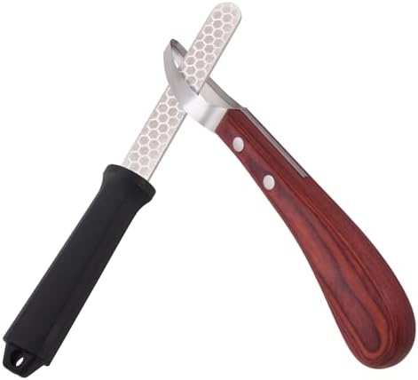 Hoof Knife with Sharpener, 2 PCS Professional Farrier Kit, Curved Stainless Steel Trimming Knife & 400/800 Grit Diamond Rod, Ergonomic Wood Handle, Rust-Resistant for Horses, Cattle
